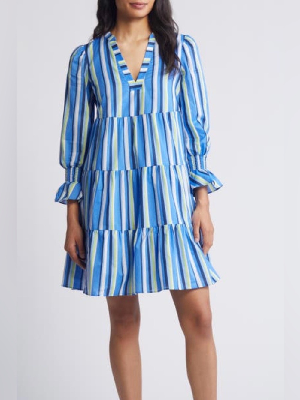 New Eliza J Striped Dress. Size 4. Cotton. Lined Tiered Festive Smocked Sleeves